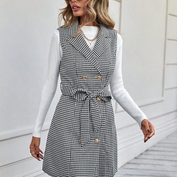 Black & White Preppy Womens Houndstooth Print Double Breasted Belted Dress - Picture 3 of 5